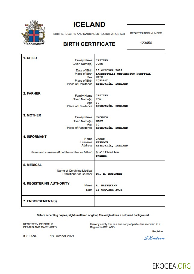 Acte de naissance islandais Word et PDF